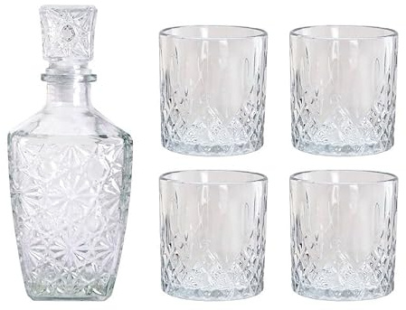 MA MAISON Set Bottiglia con Tappo e 4 Bicchieri - Adatto per Whisky, Scotch, Gin, Brandy, Amari e Liquori - in Vetro con Rilievo Decorativo