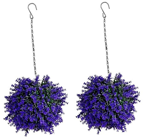 ADEPTNA Set of 2 Artificial Lavender Eucalyptus Topiary Ball Plants 27cm UV-Protected Hanging Faux Plants with Metal Chain for Indoor & Outdoor Garden, Patio, Home, and Event Décor Fake Plant