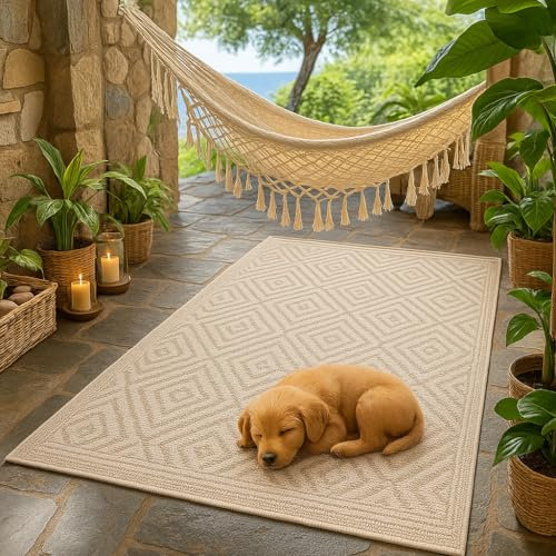 KAMACA Outdoor Teppich Raute wetterfest UV beständig wendbar für Balkon Terrasse Garten Wohnmobil Camping Robuste Campingmatte für alle Außenbereiche (Teppich 80 x 150 cm beige weiß)