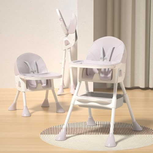 3-in-1 Convertible Baby High Chair, Adjustable Reclining Seat, 5-Point Harness, Removable Double Tray (Pink)