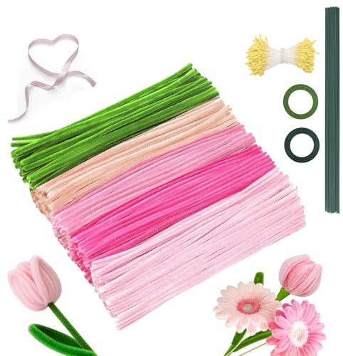 Pfeifenreiniger Pfeifenputzer zum Basteln Blumen: 500 Pfeifenreiniger Blumen Set mit 20 grünen Gel-Blumenstäben, Pipe Cleaner Flower Set für handgefertigte Blumensträuße und DIY-Dekorationen (Rosa)