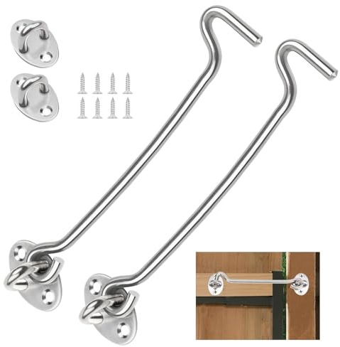 AMONENZ 2 Pezzi 250mm Chiavistello-Porta, Argento Gancio e Chiavistello a Occhiello, Chiavistello per Porta in Legno, per Serrature da Giardino, Porte da Garage, Recinzioni, Porte da Fienile