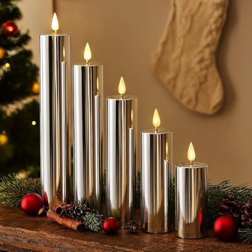 5 LED Kerzen XL im Set mit 6-Stunden Timerfunktion und Hochglanz Oberfläche - Outdoor geeignet - Deko für Herbst, Winter und Weihnachten (Silber)