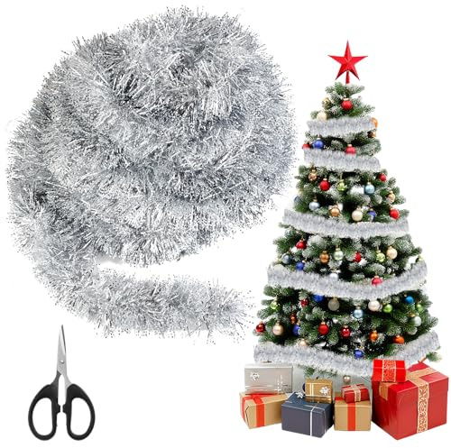 10M Lametta Girlande Weihnachten, Glänzend Weihnachtsgirlande mit 1 Schere, Christbaumschmuck Girlande, Weihnachtsdeko für Baum, Kamin, Treppe & Fenster (Silber)