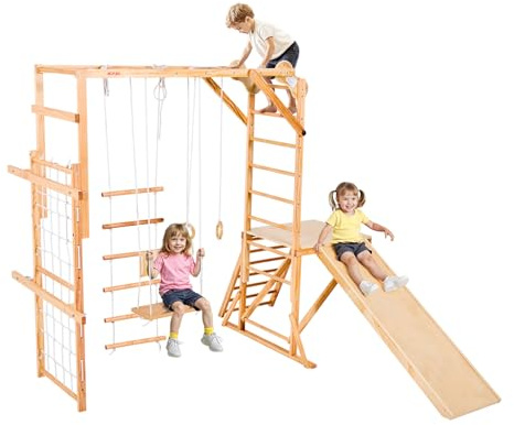 VEVOR Indoor Playground Jungle Gym, 8-in-1 Wooden Indoor Playground for Kids, 220LBS Montessori Climbing Toys Playset with Slide, Swing, Monkey Bar, Gym Rings, Wooden / Rope Ladder, Climbing Net & Bar