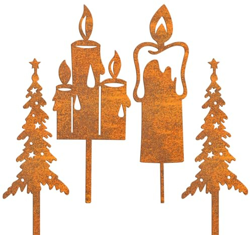 Forbabe 4 Stück Gartenstecker Weihnachten, Tannenbaum Kerze Weihnachtsdeko | Roststecker Metall Gartendeko, Rost Deko Baumstecker für Advent/ Weihnachten/ Garten/ Terrasse/ Balkon/ Blumentopf