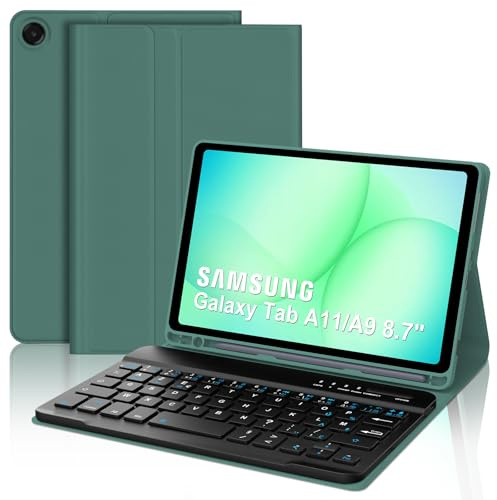 Coque Clavier pour Samsung Galaxy Tab A11/A9 8.7 Pouces, AZERTY Français Housse Clavier Bluetooth Détachable avec Porte Crayon pour Tablette Samsung Galaxy Tab A11/A9 8.7 2025/2023, Vert foncé