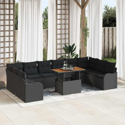 Runheo Garten Loungesofa Set, 11-teilig, Schwarz, Poly Rattan, Modular, mit Stauraum, wasserdichte Taschen, für Terrasse Balkon, Outdoor Möbel