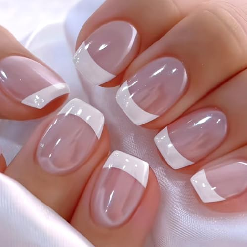 24 Pièces Faux Ongles Carré Court, Bordure Blanc French Press on Nails, Naturel Rose Aurore Ongles Artificiels, Réutilisables Acrylique Couverture Couverture Ongles à Coller pour Femme Nail Art
