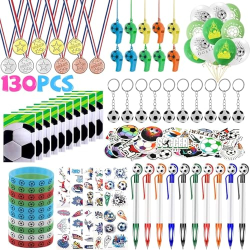 130 Teile Fußball Mitgebsel Kindergeburtstag Set, 2026 WM Party Gastgeschenke mit Goldmedaillen, Trillerpfeifen, 3D Schlüsselanhänger, Stifte & Tattoos, Sport Jungen Geburtstagsdeko & Geschenktüten