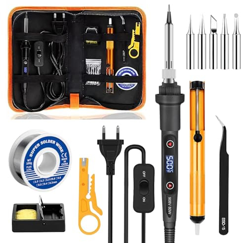 Kit Saldatore 80 W, temperatura regolabile 180-500 °C, elettronica di precisione con interruttore on/off, 5 guasti, filo di saldatura, per riparazione elettrica e fai da te (nero)
