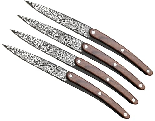 deejo - 4er Set Tischmesser Restaurant - Motiv Triskell - Griffe aus Polycarbonat und ABS in Palisander-Optik, feststehende mikrogezahnte Klingen aus Edelstahl 2CR13 - Titan-Finish Schwarz