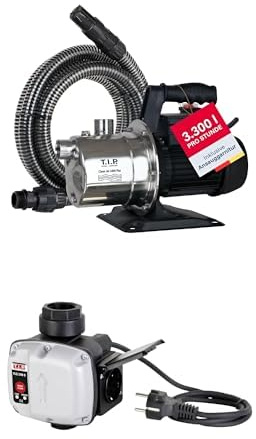T.I.P. 30094 Gartenpumpe Edelstahl Clean Jet 1000 Plus mit 4m Ansauggarnitur 3.300 l/h Fördermenge/Druck max. 46 m + T.I.P. Trockenlaufschutz TLS 100 E – Schutz für Gartenpumpe & Hauswasserwerk