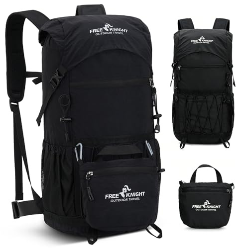Outplea 25L Wanderrucksack mit Abnehmbarer Tasche, Klein Nylon Trekkingrucksack Herren Damen, Leichter Daypack Tagesrucksack für Camping Wandern Reisen, Schwarz
