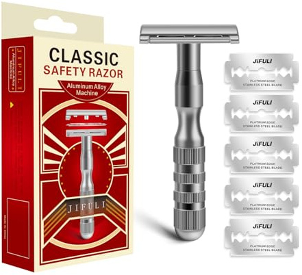 JiFULI Nassrasierer Herren, Set mit 5 Rasierklingen, Aluminium-Rasiergriff mit zweiseitigem Klingenkopf，Rasierer Herren Intimbereich Intim Body Männer Konturen Nass Körper Barber (Gunmetal Grau)