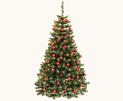 kunstpflanzen-discount.com Kunstweihnachtsbaum Tannenbaum schwer entflammbar 180chm hoch mit roten Kugeln und LED-Beleuchtung