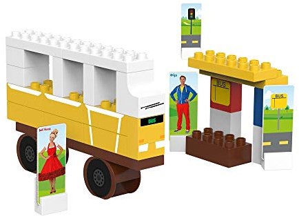 BiOBUDDi BB-0113 - Bausatz Bus, biologische Bausteine zum Stecken, kompatibel zu anderen Marken, hergestellt aus Bio Kunststoff, 31 Klemmbausteine, Spielhintergrund und Pappspielfiguren