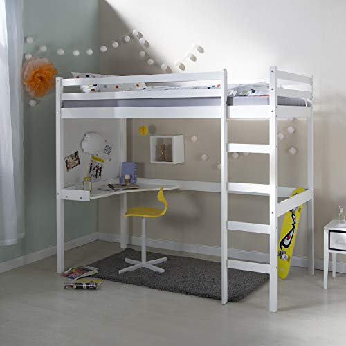 Homestyle4u Kinder Hochbett 90x200 cm Weiß Kiefer Jugendbett Schreibtisch