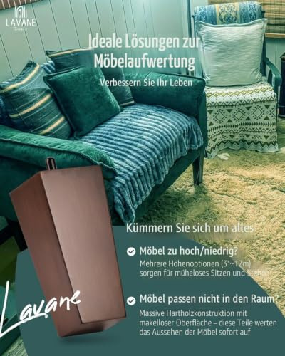 La Vane 12cm Massivholz Pyramide Möbelfüße mit M8 Bolzen 4 Stück Walnuss | 20%+ größere Standfläche, höhere Tragkraft (60kg/Bein). Gummiholz, M8 Platten.Einfache DIY Montage für Sofa, Bett, Schrank
