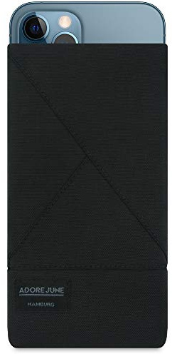 Adore June Tasche Triangle kompatibel mit iPhone 13 Pro Max/iPhone 12 Pro Max, Elegante Handytasche aus widerstandsfähigem Textil-Stoff mit Display-Reinigungseffekt, Schwarz
