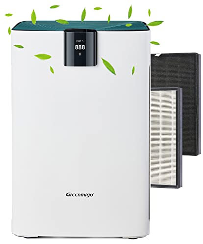 Greenmigo Purificador de Aire con Filtro HEPA Carbón Activado,Iones Negativos,Temporizador,320m3/h,Hasta 60m² Purificador Aire Elimina 99.97% Polvo,Polen,Humo,Alérgenos y Malos olores,Moho,para Hogar