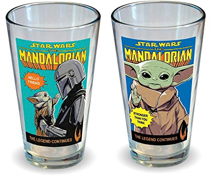The Mandalorian Pint Glass Set of 2 - Baby Yoda Wine, Coffee, Tea, Water, Beer Drinking Accessories - Comic Book Themed Glassware in a Box - Gift, Merchandise, Collectibles - 16oz