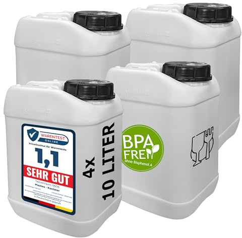 plasteo® 4 bidones de agua para bebidas de cuello ancho de 10 L, color blanco, apto para alimentos, fabricado en la UE, aprobado por las Naciones Unidas, para interior y exterior, sin BPA (4 bidones)