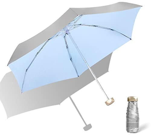 Meichoon Mini paraguas de viaje ligero 5 Sombrilla impermeable compacta Sun&Rain plegable de 6 costillas con protección UV UPF 50+ Traje para bolsillo con estuche