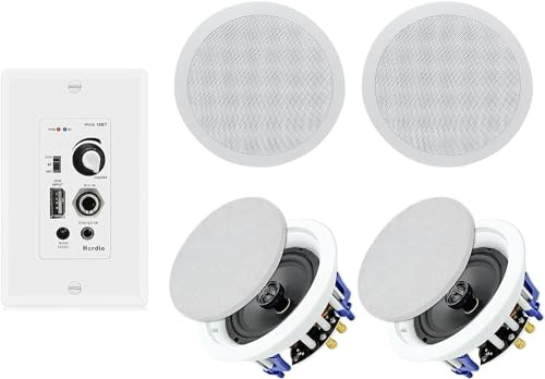 Herdio Home Audio Package in Wall Bluetooth Amplifier Volume Control Receiver Wall Plate with 6.5 Inch 640W Ceiling Speakers(2 Pairs)