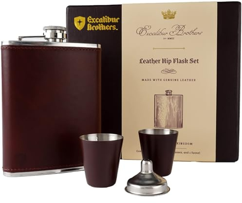 Herren Leder Flachmann (Braun) mit 2 Tassen und Trichter - 100% auslaufsicher mit Edelstahl und Premium Leder, Geschenkset für Vater, Großvater, Freund und Trauzeugen