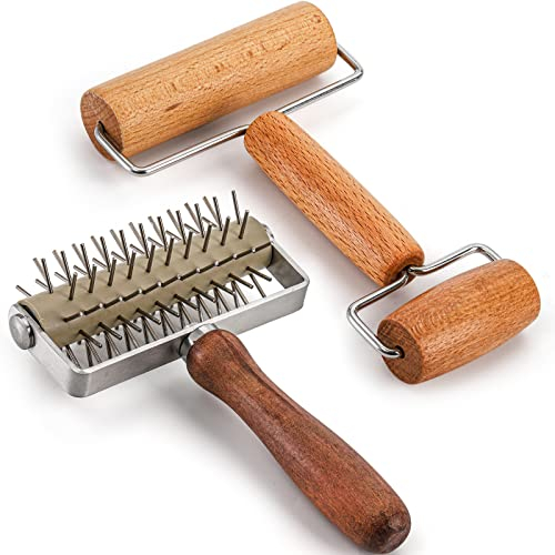 Hiceeden 2er Set Pizzateigroller & Teigausroller, Teiglocher aus Edelstahl Puncher Holz Nudelholz für Pizza, Kekse, Kuchen, Gebäck, Brot, Kruste