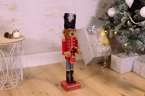 Marco Paul Interiors Deluxe Teddybär mit Trommelparade, Nussknacker, Weihnachtsdekoration, Holz, für den Innenbereich, groß, 38 cm, Nussknacker, Weihnachtsstatue, traditionelle festliche Figur,