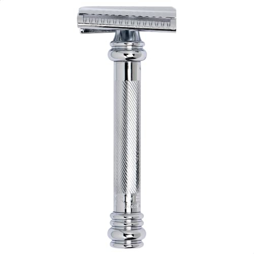 MERKUR Rasoio 39C | Barber Pole taglio obliquo lucido | rasoio a due pezzi con taglio obliquo | pettine chiuso | ideale per la rasatura a umido | manico in ottone | Made in Germany