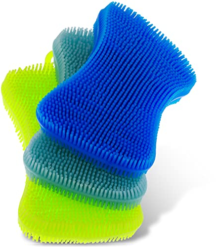 Sibba Spugne per Il Corpo In Silicone per La Cucina Stoviglie per La Pulizia Delle Stoviglie Confezione Da 3 Multifunzionali Double Face Lavaggio Doccia Esfoliante Supporto Da Parete Il Viso La Casa