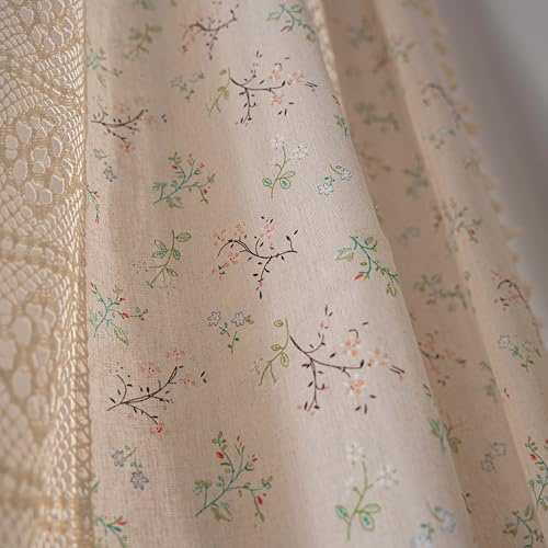 Freyamy Boho Vorhänge Landhausstil Baumwolle Leinen Makramee Gardinen Vintage Aushöhlen Lichtdurchlässig Beige Kahki Blümchen Scheibengardinen Häkeln Gardine mit Stangedurchzug,2er set,240x150cm (HxB)
