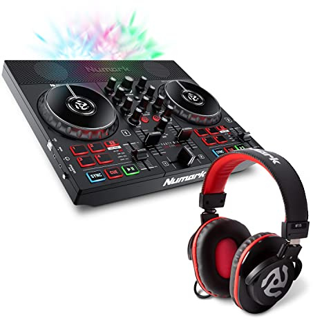 DJ Controller Bundle - DJ Set with Built in Speakers, Party Lights, DJ Mixer, Audio Interface and DJ Headphones - Numark Party Mix Live and HF175