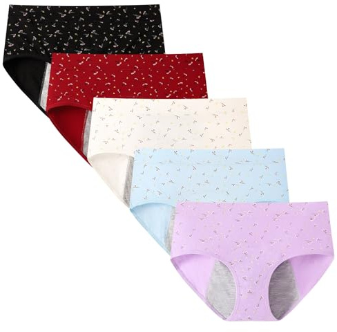 Anntry dam periodiska byxor medelhög midja efter födseln underkläder läckagesäker menstruation bomullstrosor 5-pack (måste användas med tamponger), Färg-3, S