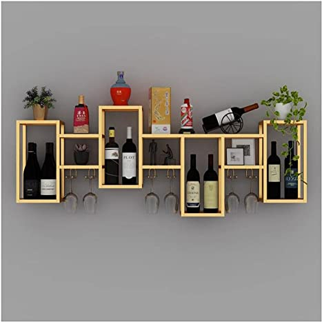 Schwimmendes Weinregal zur Wandmontage, modernes Weinglasregal aus Metall, Weinglasregal, schwimmende Barregale aus Metall, Flaschenregal, Weinflaschenhalter, Wandregal (Farbe: Gold, Größe: 148 x 20