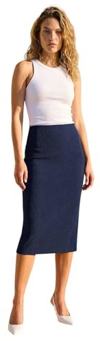 Roman Originals Textured Pencil Skirt for Women UK Ladies Jersey Work Office Smart Formal Bodycon Under the Knee Length Calf Length Midi Tight Fitted Straight Shift - Navy - Size 18