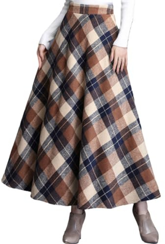 Women's Plaid Skirt Warm Elastic Waist Wool A-Line Pleated Tartan Winter Long Skirts(Khaki, M)