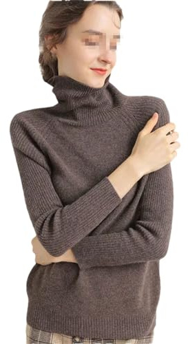 Dam polokrage ull kashmir tröja långärmad vintertröja stickning jumper toppar, Brun, L