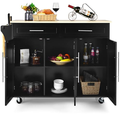 KOMFOTTEU Küchenwagen auf Rollen, Servierwagen Holz mit Arbeitsplatte, Kücheninsel mit Schubladen Handtuchhalter & verstellbaren Ablagen, Küchenschrank Beistellwagen Mobile 122X46X92 cm (Schwarz)
