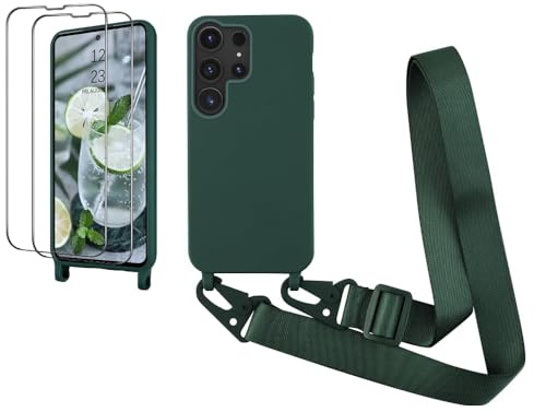 CaseLover Handyband für Samsung Galaxy S24 Ultra Hülle mit Band, Dunkelgrün | mit 2 Stück Schutzfolie, Flüssiges Silikon Necklace Handyhülle, Verstellbarer zum Umhängen Kordel, Stossfest Schutzhülle