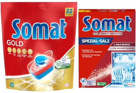 Somat Tabs 8x22 (176) AW Gold, Geschirrspül Tabs für strahlend sauberes Geschirr auch bei niedrigen Temperaturen + Somat Duo Power Experten Spezial-Salz 1,2kg