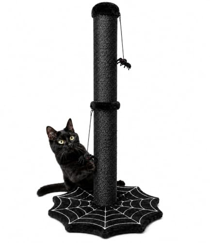 PuzzlePaw Rascador gótico para gatos con araña, juguetes colgantes para gatos de interior, rascador de gatos de Halloween, centro de juegos para gatos, torre de árbol para gatos con base de telaraña,