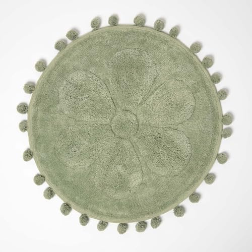 Homescapes Badvorleger Blume, runde grüne Badematte 60 cm Baumwolle, Badteppich getuftet mit Bommeln