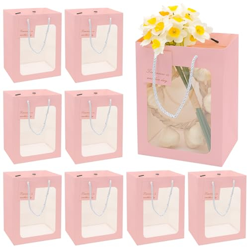 10 Piezas Bolas de Regalo con Ventana Transparente, Bolsas Papel Kraft con Tarjetas Rosa, Bolsas de Embalaje Bolsas de Papel para Compra, Embalaje de Regalo, Fiesta, Boda - 30×20×16cm