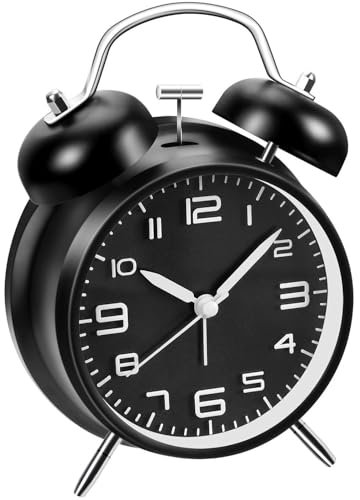 Loud Alarm Clock for Heavy Sleepers Adults, Metal 4 Inches Twin Bell Battery Operated Alarm Clocks for Bedrooms Decoration, Silent Non-Ticking (Black)