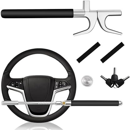 Steering Wheel Lock for Cars, Heavy Duty Car Lock Anti-Theft Device with 3 Keys Adjustable Crook Locks for SUV/Truck with Self Defense Accessories