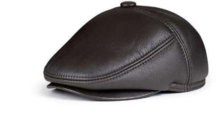 Männer Leder Hut Winter Berets Männlich Warme Ohr Schutz Kappe Echtes Leder Papa Hut Freizeit Entenschnabel Kappe(Brown,XXL 59 60cm)